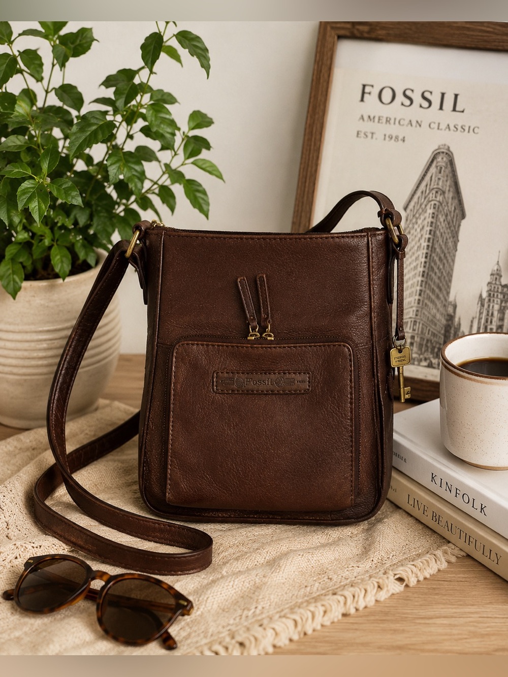 Fossil Classic Brown Leather Crossbody Organizer Purse Vintage Messenger Bag